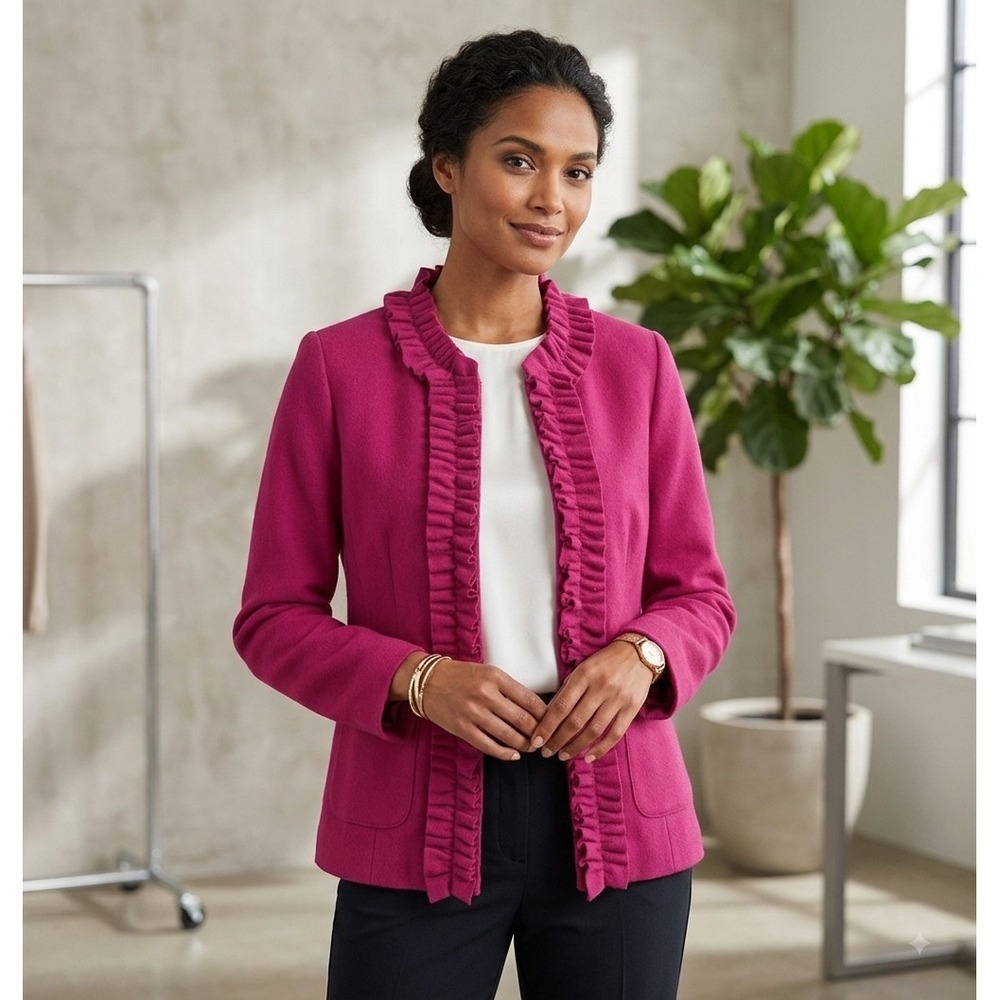 Spense Pink Ruffle Open Front Blazer Jacket Long‎ Sleeve Career Womens Sz Large